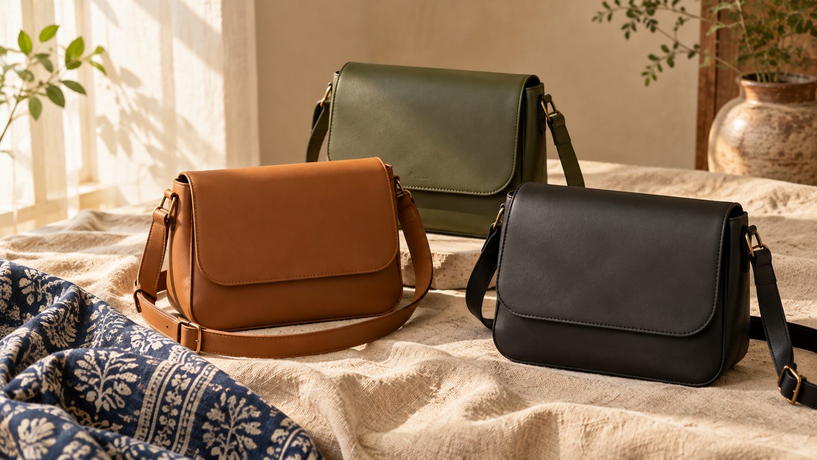 Vegan leather crossbody bags made in India, photographed for a German market launch